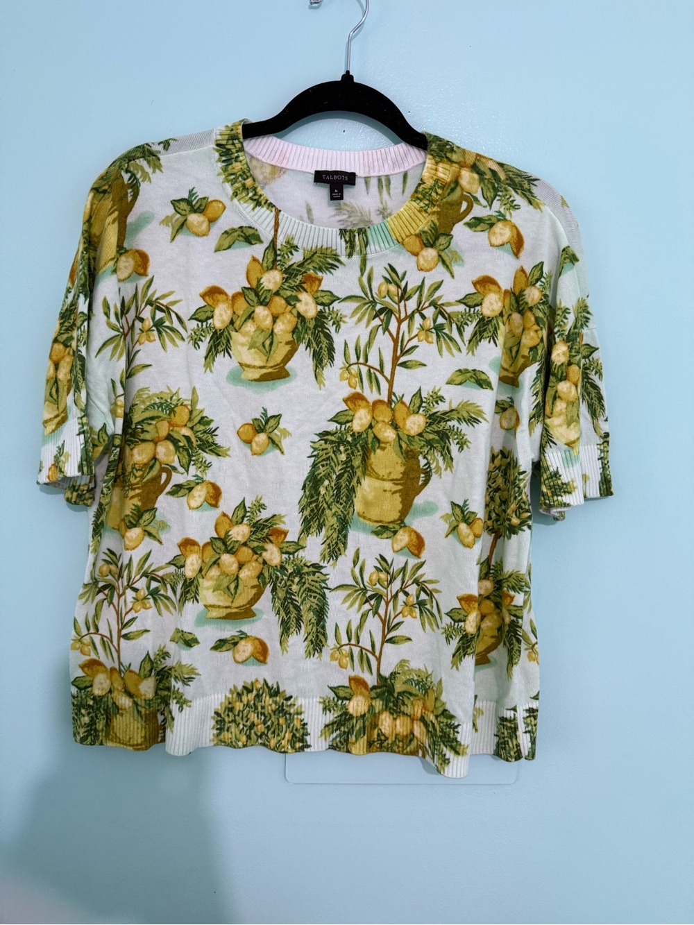 Talbots White Lemon & Green Botanical Short Sleeve Top